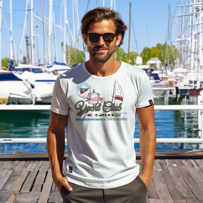 Koszulka męska bawełna turecka biała z nadrukiem , T-shirt Captain Mike