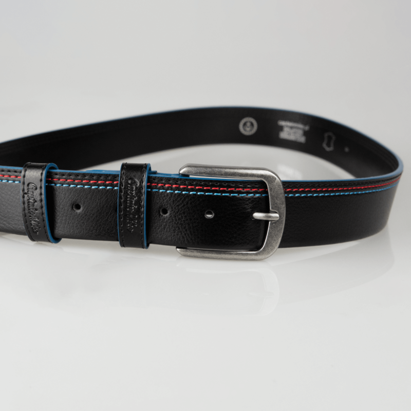 Skórzany pasek do spodni z przeszyciami czarny