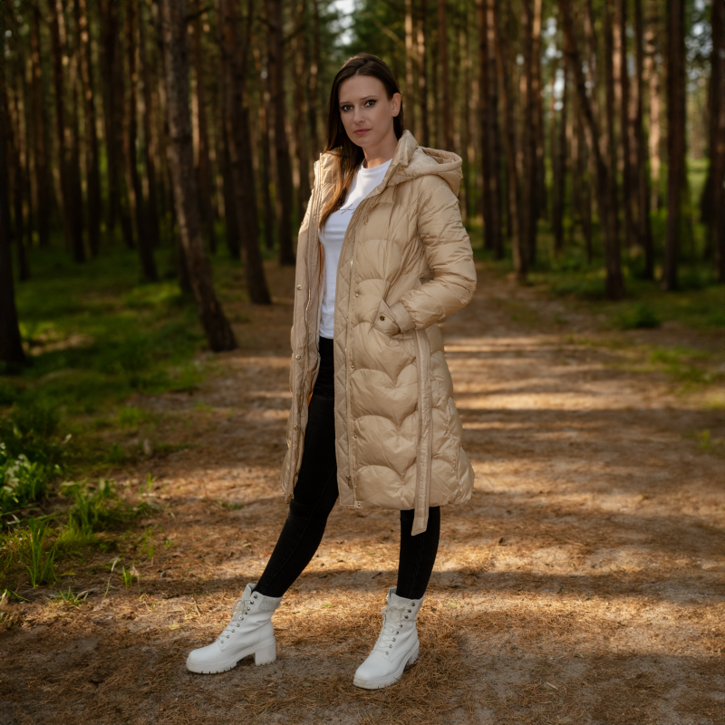 Kurtka damska zimowa z naturalnego puchu długa z kapturem LUGANO