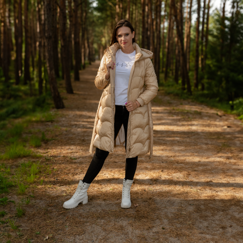 Kurtka damska zimowa z naturalnego puchu długa z kapturem LUGANO