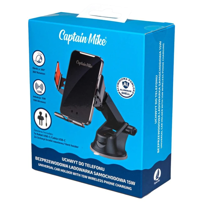 Uchwyt do telefonu z bezprzewodową ładowarką samochodową 15W Captain Mike