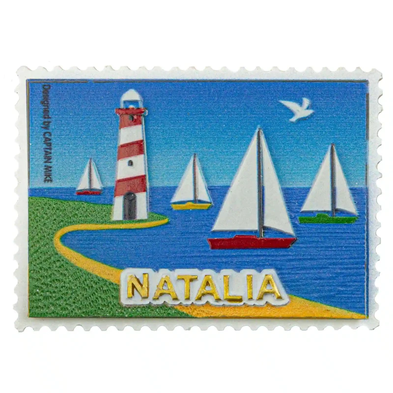 Magnes Imienny w Kształcie Znaczka Pocztowego z Motywem Morskim NATALIA