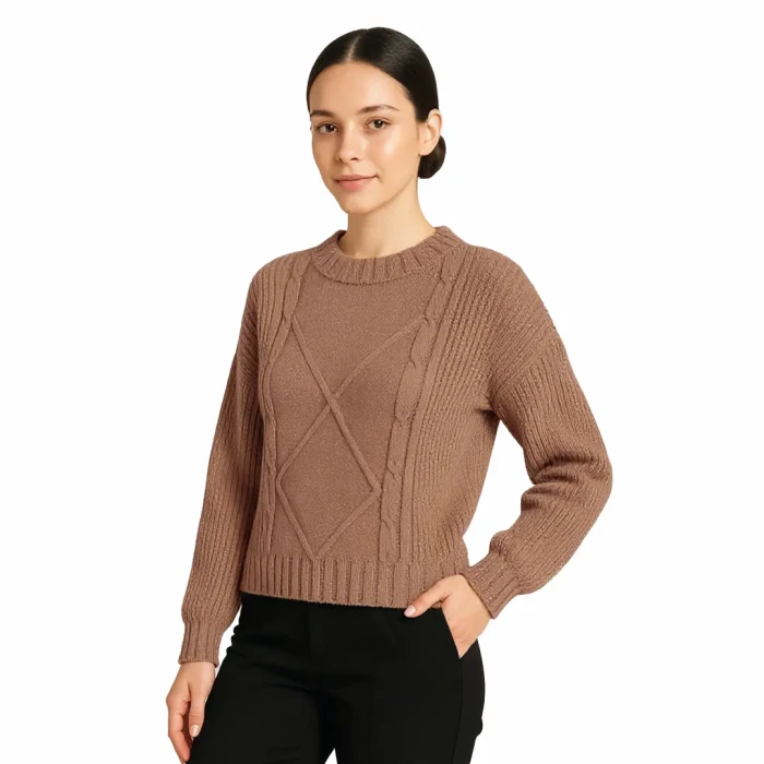 Ciepły sweter damski beżowy elegancki warkoczowy klasyczny Captain Mike 