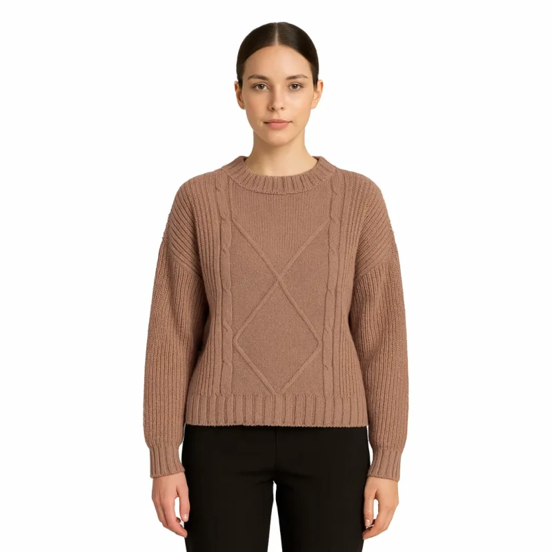 Ciepły sweter damski beżowy elegancki warkoczowy klasyczny Captain Mike