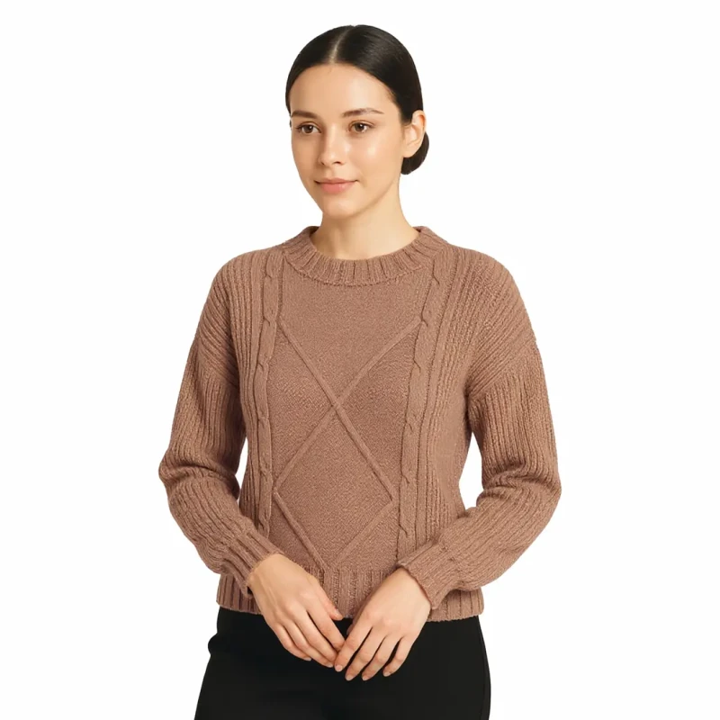 Ciepły sweter damski beżowy elegancki warkoczowy klasyczny Captain Mike