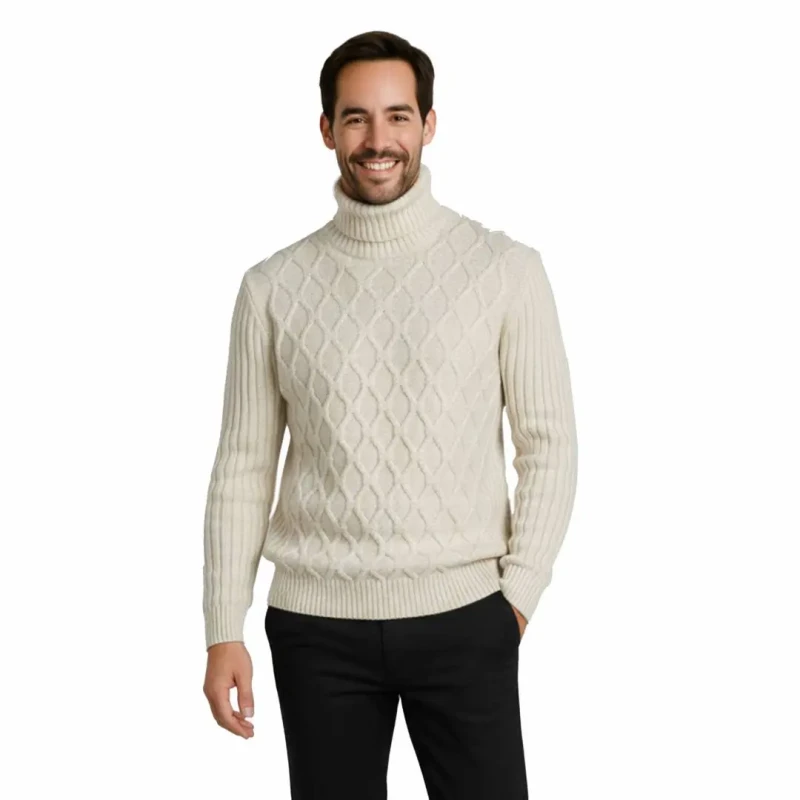 Ciepły sweter męski z golfem klasyczny ecru Captain Mike