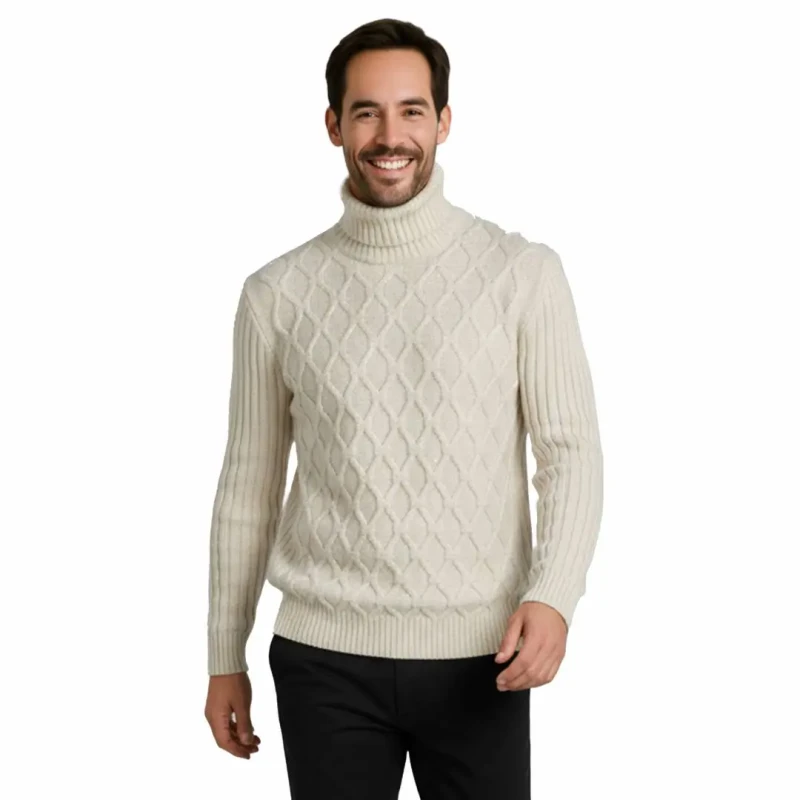 Ciepły sweter męski z golfem klasyczny ecru Captain Mike