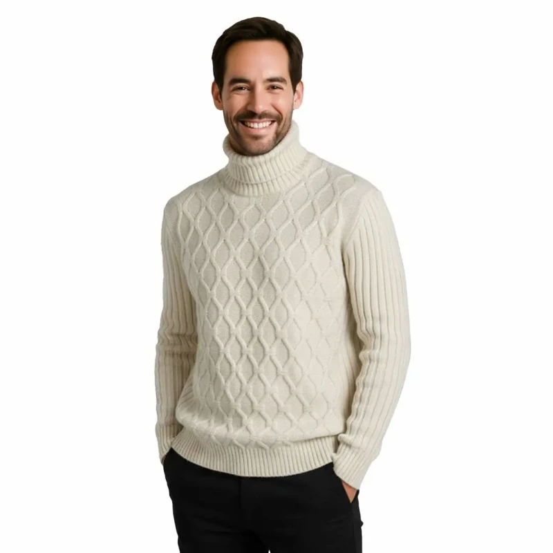 Ciepły sweter męski z golfem klasyczny ecru Captain Mike
