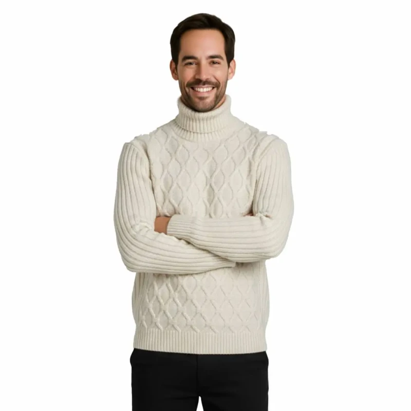 Ciepły sweter męski z golfem klasyczny ecru Captain Mike