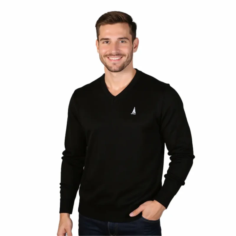 Sweter męski w serek klasyczny czarny Captain Mike