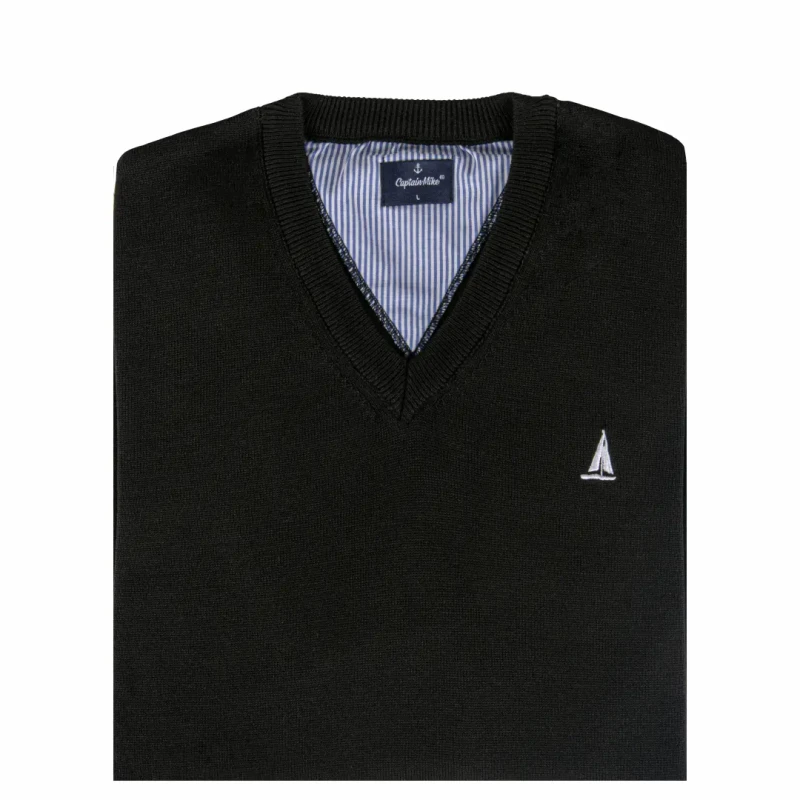 Sweter męski w serek klasyczny czarny Captain Mike