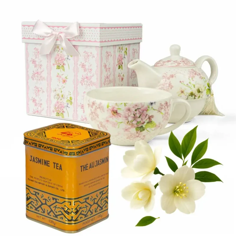 Zestaw prezentowy – porcelanowy czajniczek z filiżanką + herbata jaśminowa
