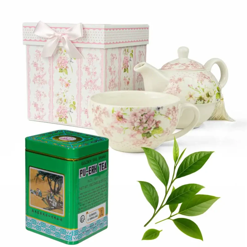 Zestaw prezentowy – porcelanowy czajniczek z filiżanką + herbata Pu-Erh