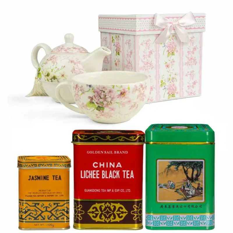 Zestaw prezentowy – porcelanowy czajniczek z filiżanką + zestaw herbat (Pu-erh, Czarna Lichee, Jaśminowa)