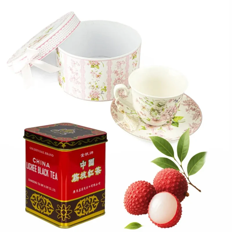 Zestaw prezentowy – porcelanowa filiżanka + herbata czarna z liczi