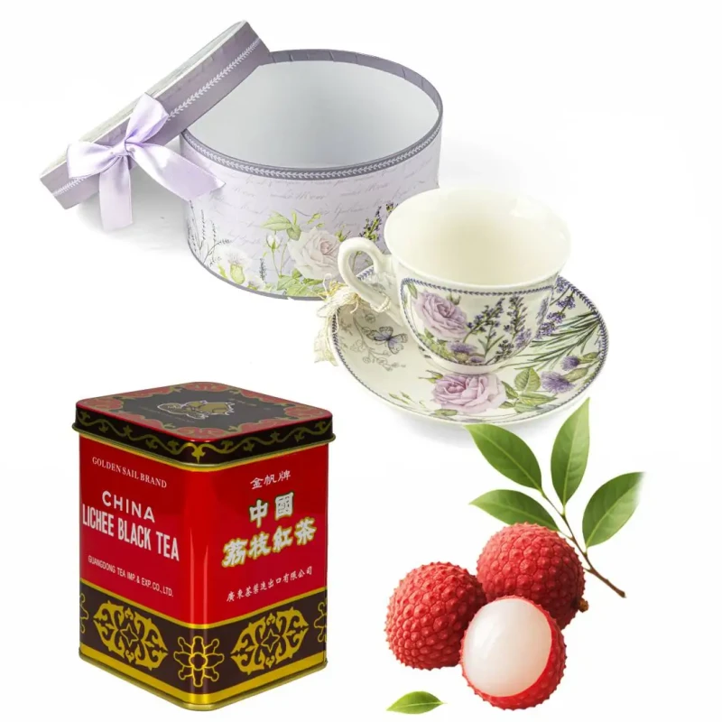 Zestaw prezentowy – porcelanowa filiżanka + herbata czarna z liczi
