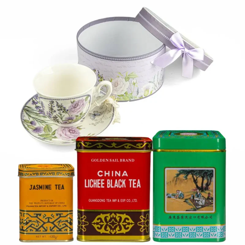 Zestaw prezentowy – porcelanowa filiżanka + zestaw herbat (Pu-erh, Czarna Lichee, Jaśminowa)