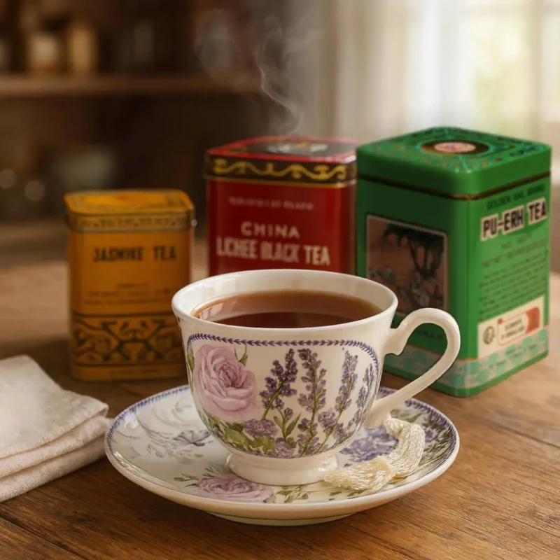 Zestaw prezentowy – porcelanowa filiżanka + zestaw herbat (Pu-erh, Czarna Lichee, Jaśminowa)