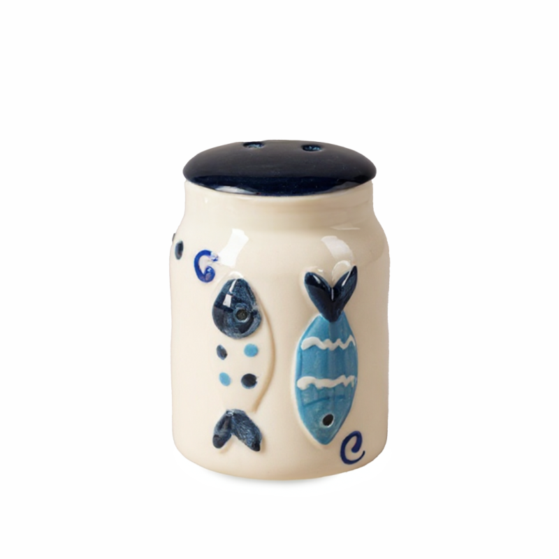 Pieprzniczka ceramiczna morska – granatowo-biała, wypukłe rybki Captain Mike