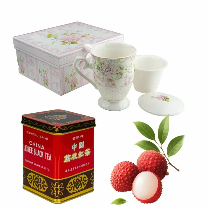 Zestaw prezentowy – porcelanowy kubek + herbata czarna z liczi
