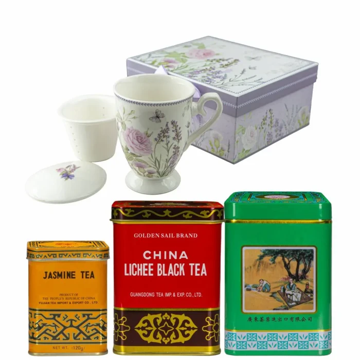 Zestaw prezentowy – porcelanowa filiżanka + zestaw herbat (Pu-erh, Czarna Lichee, Jaśminowa)