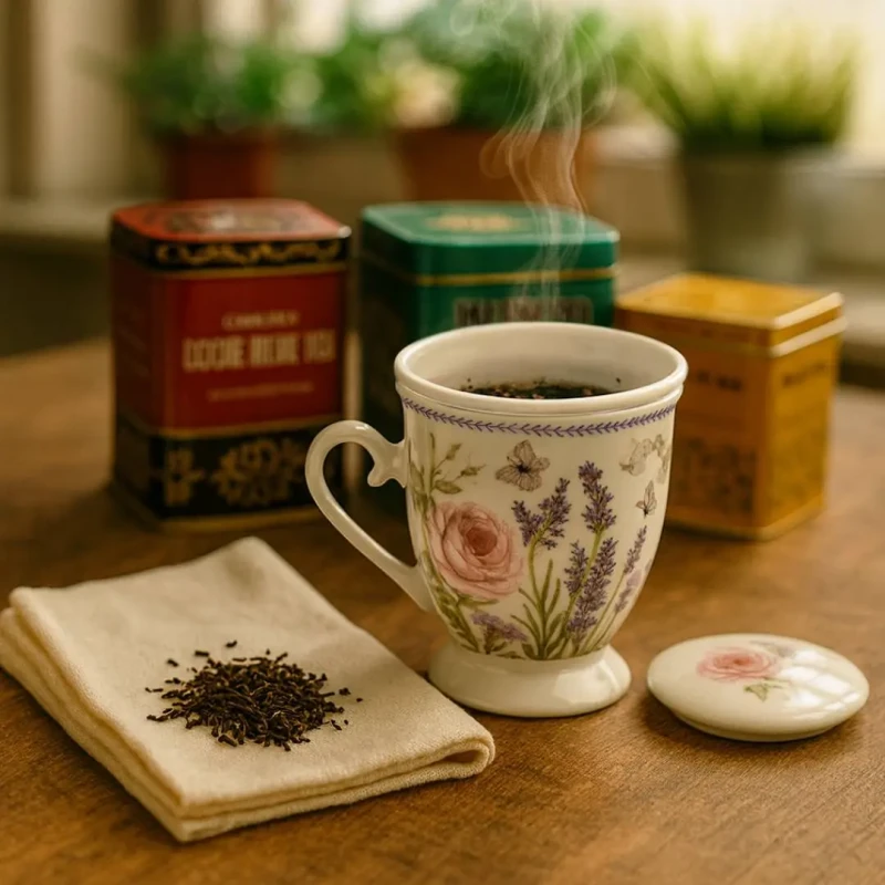 Zestaw prezentowy – porcelanowa filiżanka + zestaw herbat (Pu-erh, Czarna Lichee, Jaśminowa)