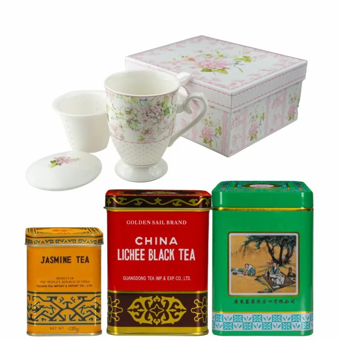 Zestaw prezentowy – porcelanowa filiżanka + zestaw herbat (Pu-erh, Czarna Lichee, Jaśminowa)