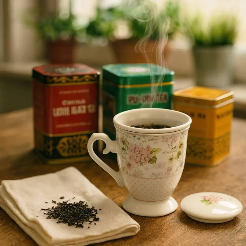 Zestaw prezentowy – porcelanowa filiżanka + zestaw herbat (Pu-erh, Czarna Lichee, Jaśminowa)