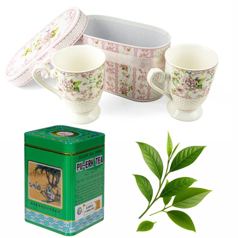 Zestaw prezentowy – 2 porcelanowe kubki + herbata Pu-Erh