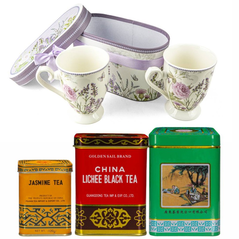 Zestaw prezentowy – 2 porcelanowe kubki + zestaw herbat (Pu-erh, Czarna Lichee, Jaśminowa)