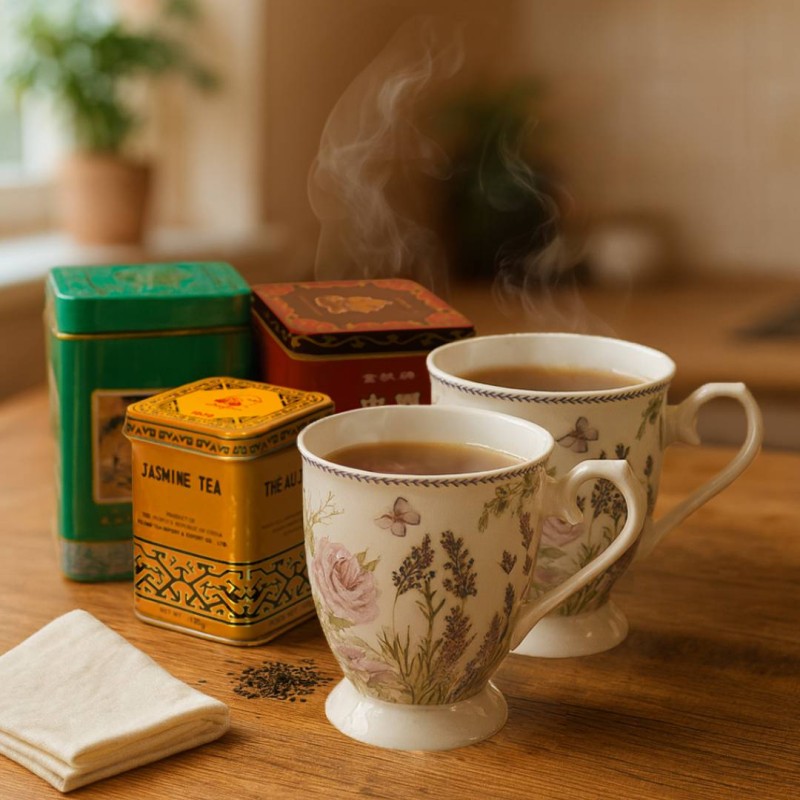 Zestaw prezentowy – 2 porcelanowe kubki + zestaw herbat (Pu-erh, Czarna Lichee, Jaśminowa)