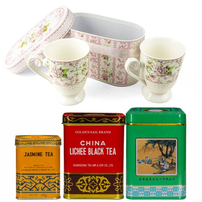 Zestaw prezentowy – 2 porcelanowe kubki + zestaw herbat (Pu-erh, Czarna Lichee, Jaśminowa)