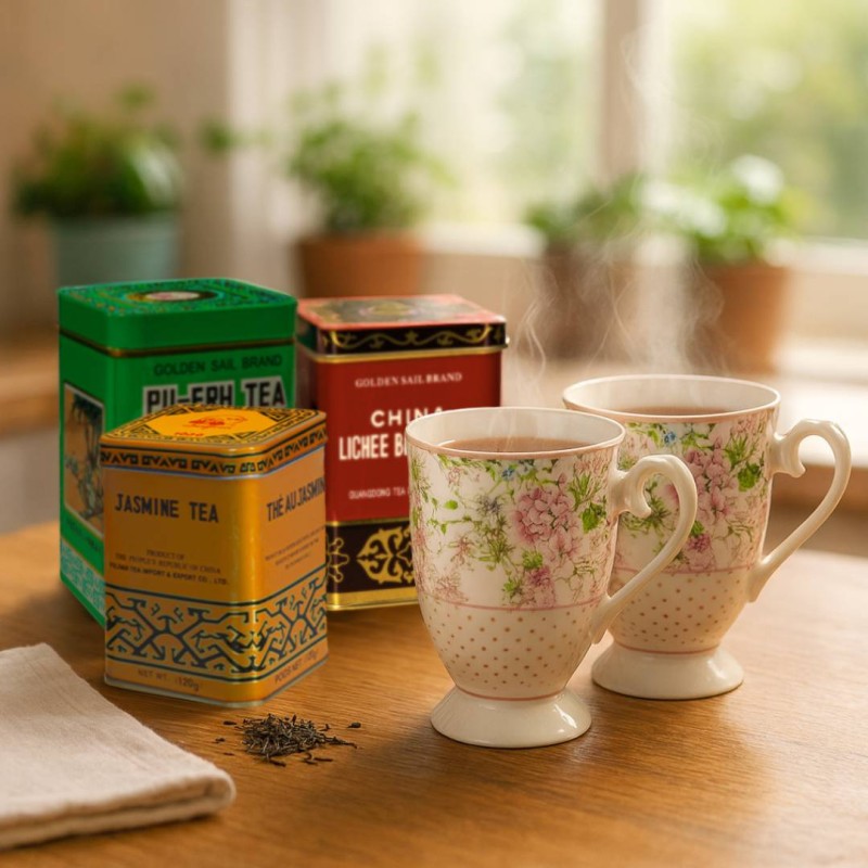 Zestaw prezentowy – 2 porcelanowe kubki + zestaw herbat (Pu-erh, Czarna Lichee, Jaśminowa)