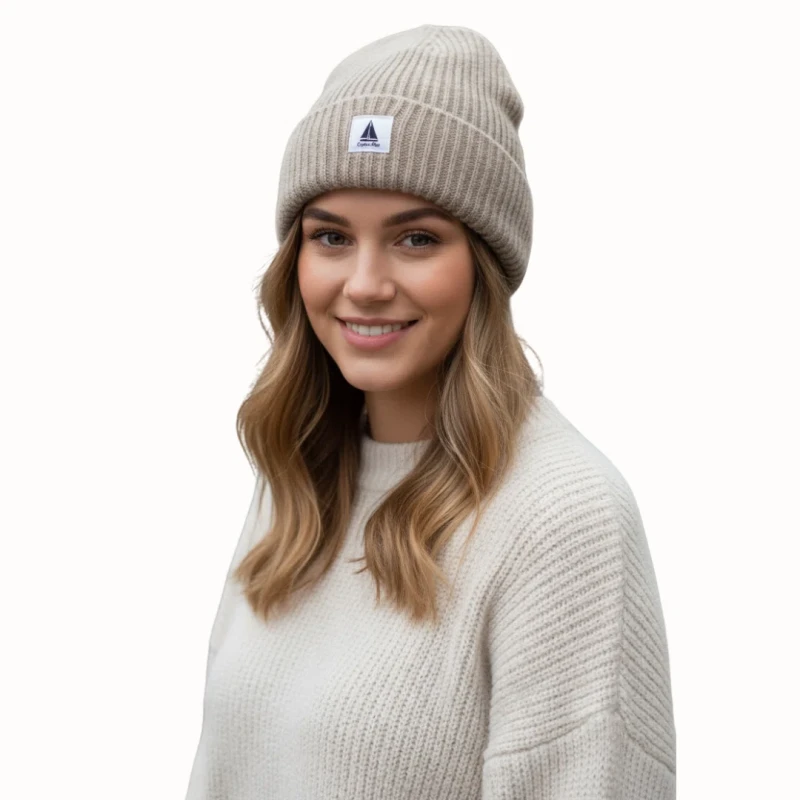 Ciepła czapka zimowa beżowa beanie dzianinowa Captain Mike