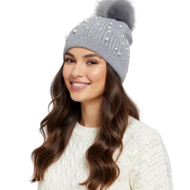 Ciepła czapka zimowa damska z pomponem i koralikami szara Captain Mike