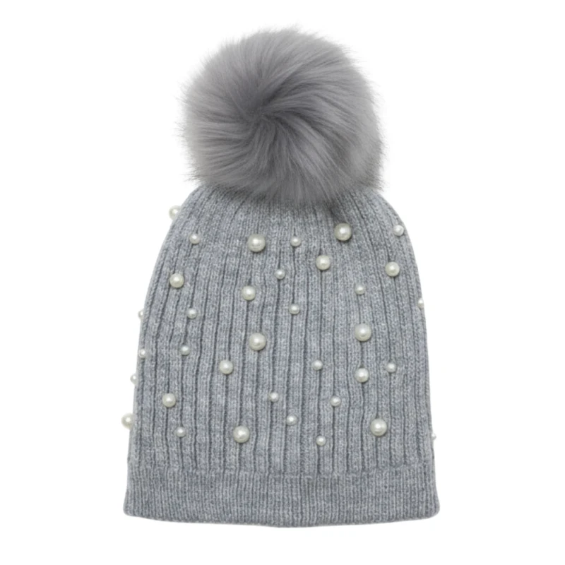 Ciepła czapka zimowa damska z pomponem i koralikami szara Captain Mike