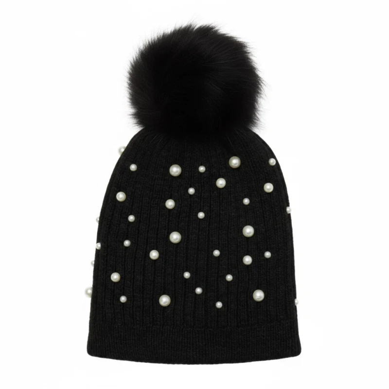 Ciepła czapka zimowa damska z pomponem i koralikami czarna Captain Mike