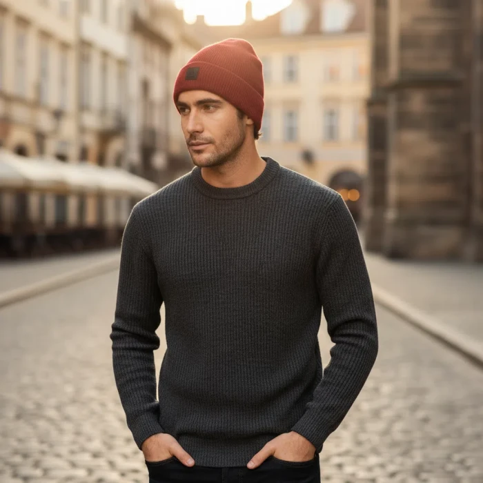 Ciepła czapka zimowa męska z wywinięciem beanie bordowa Captain Mike
