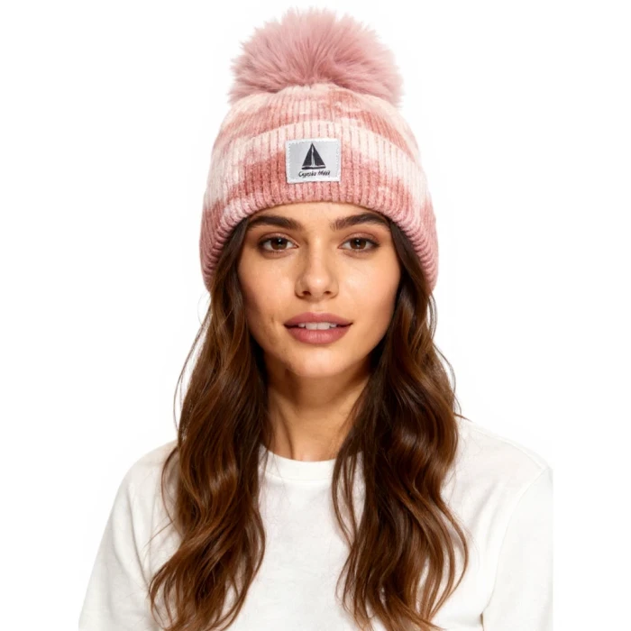 Ciepła czapka damska zimowa z pomponem efekt tie-dye różowa Captain Mike