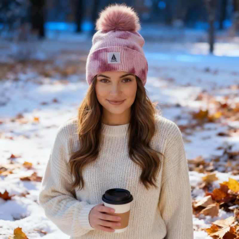 Ciepła czapka damska zimowa z pomponem efekt tie-dye fioletowa Captain Mike