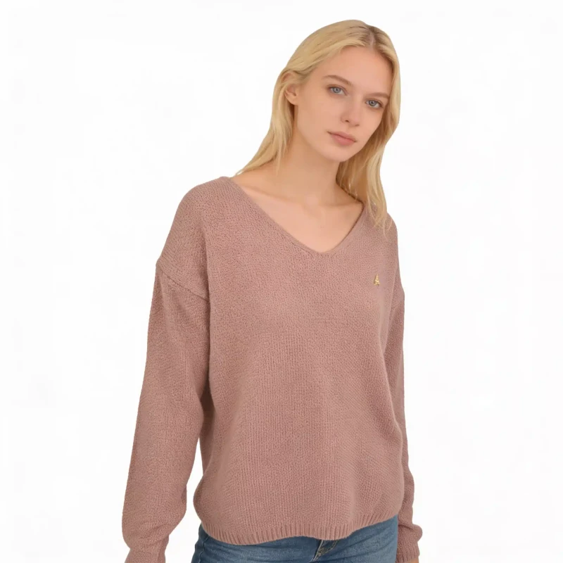 Sweter damski różowo-beżowy z dekoltem w serek ciepły ONE SIZE Captain Mike