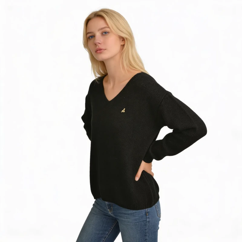 Sweter damski czarny z dekoltem w serek ciepły ONE SIZE Captain Mike