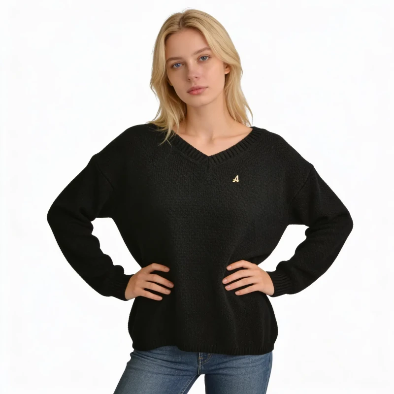 Sweter damski czarny z dekoltem w serek ciepły ONE SIZE Captain Mike