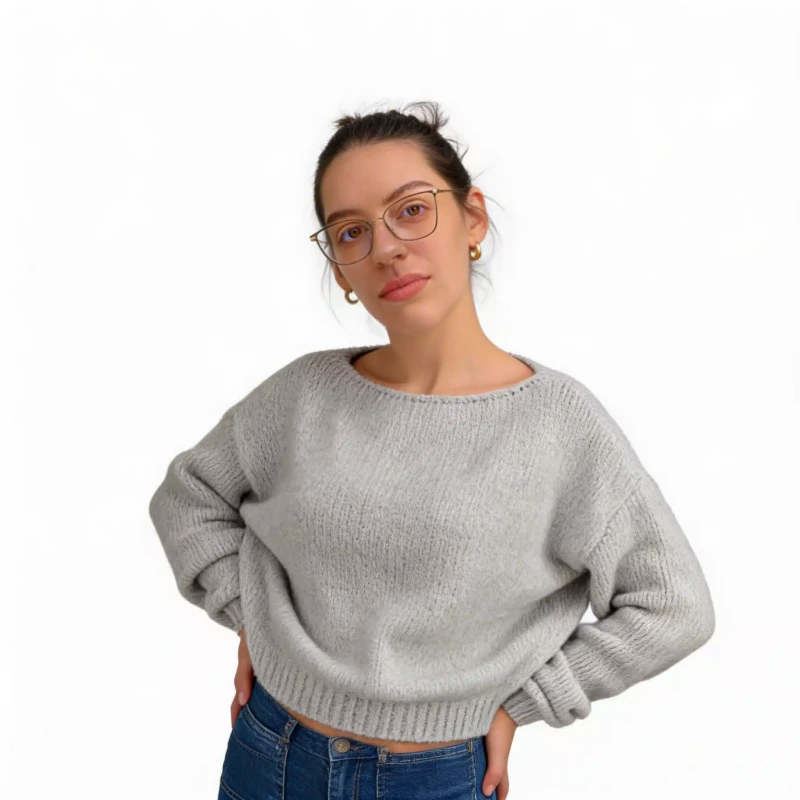 Ciepły sweter damski szary oversize miękki elegancki, klasyczny dekolt Captain Mike