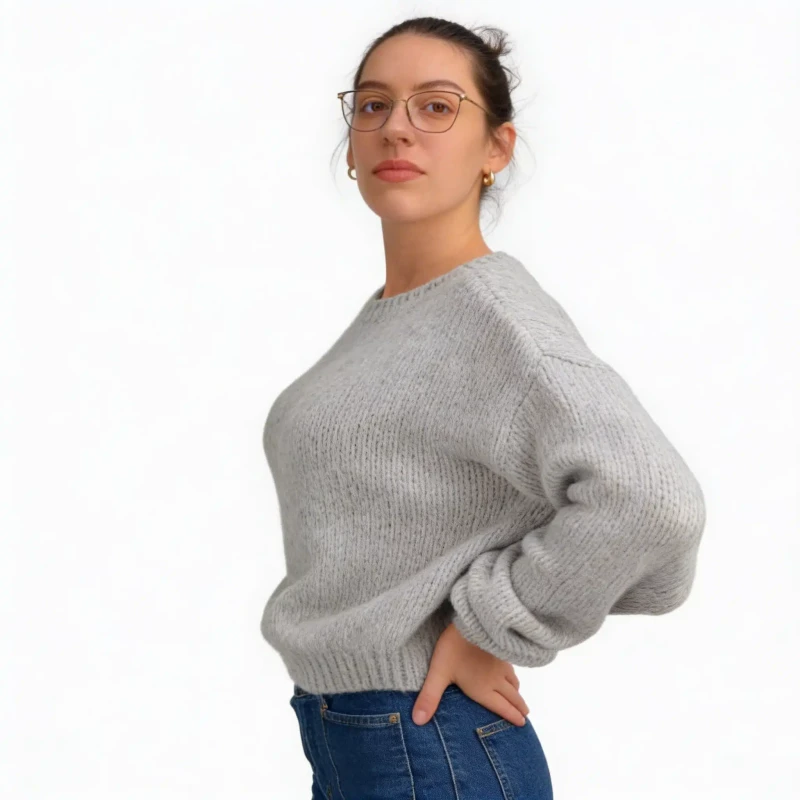 Ciepły sweter damski szary oversize miękki elegancki, klasyczny dekolt Captain Mike