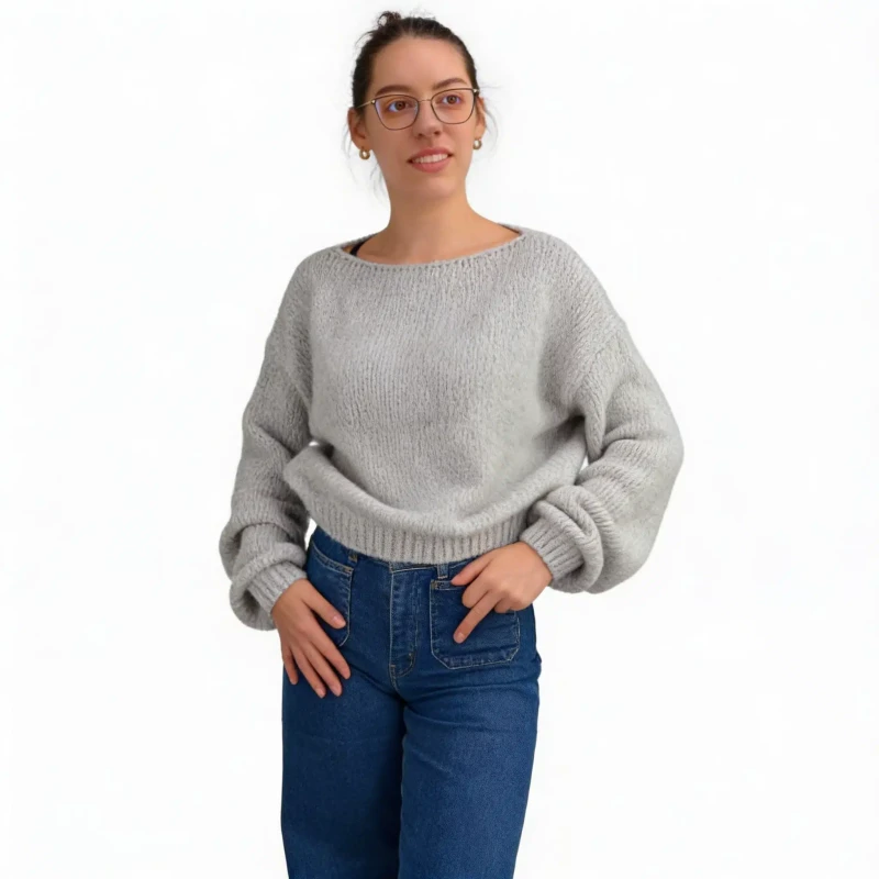 Ciepły sweter damski szary oversize miękki elegancki, klasyczny dekolt Captain Mike