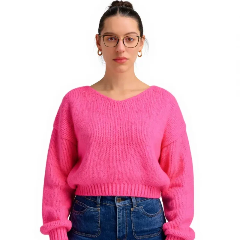 Ciepły sweter damski różowy oversize miękki elegancki, klasyczny dekolt Captain Mike