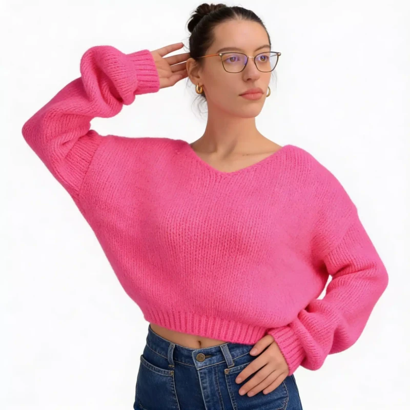 Ciepły sweter damski różowy oversize miękki elegancki, klasyczny dekolt Captain Mike