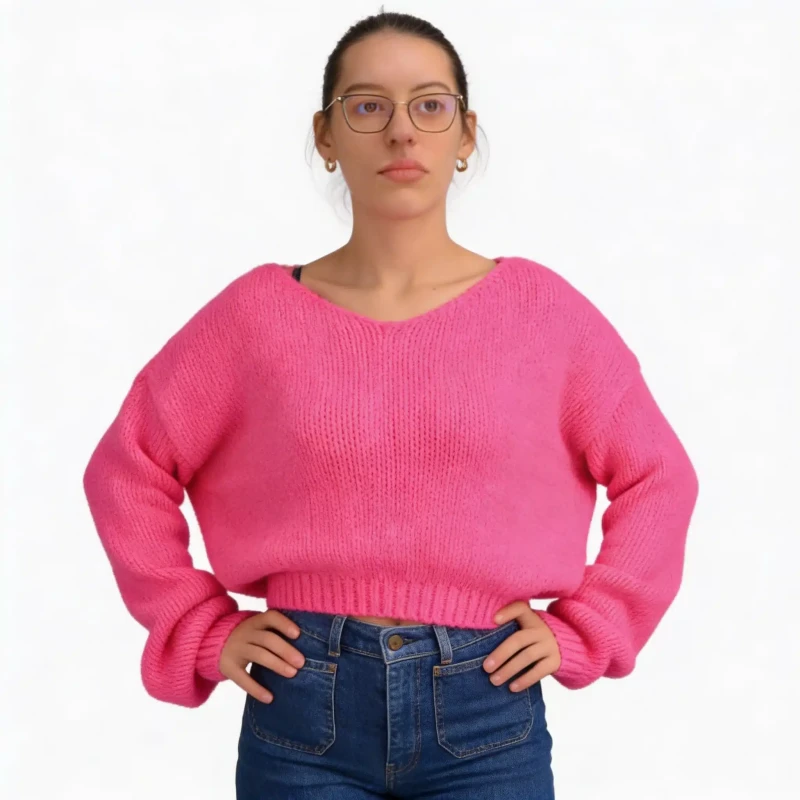 Ciepły sweter damski różowy oversize miękki elegancki, klasyczny dekolt Captain Mike