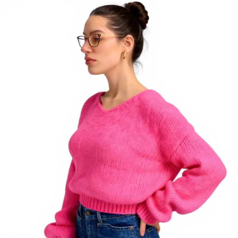 Ciepły sweter damski różowy oversize miękki elegancki, klasyczny dekolt Captain Mike